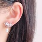 Bow Rhinestone Drop Earring 1 Pair - Clip On Earring - Silver - One Size