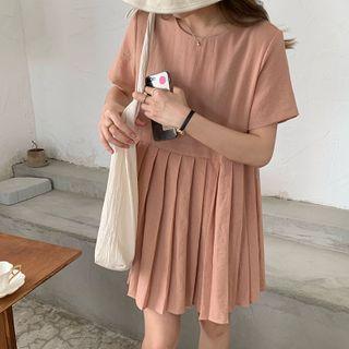 Plaid Short-sleeve Pleated Mini A-line Dress Orange Pink - One Size