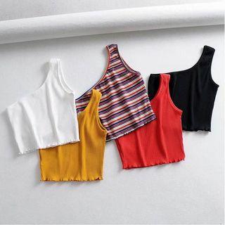 Frilled Hem Diagonal Shoulder Cropped Top