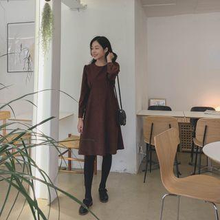 Flared Plain Corduroy Dress Brown - One Size