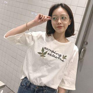 Lettering Embroidered Cut Out Elbow-sleeve T-shirt