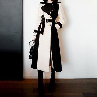 Belted Two-tone Double-breasted Coat