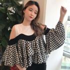 Shoulder Cut Out Elbow-sleeve Check Top