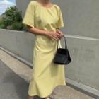 Plain Short-sleeve Midi A-line Dress Lemon Yellow - One Size