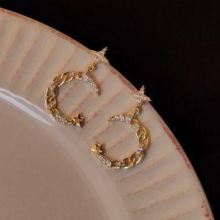 Moon & Star Rhinestone Dangle Earring 1 Pair - B-490 - Gold - One Size