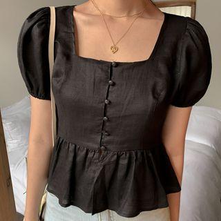 Puff-sleeve Square-neck Plain Cropped Blouse