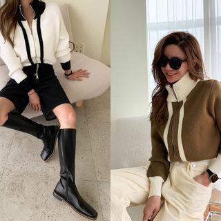 High-neck Two-tone Zipped Cardigan