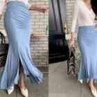 Shirred-trim Slit-front Skirt