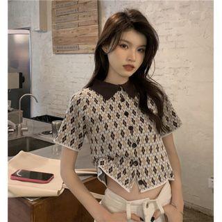 Short-sleeve Collar Argyle Knit Top
