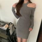 Long-sleeve One-shoulder Plain Knit Dress