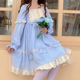 Long-sleeve Ribbon Mesh Overlay A-line Dress