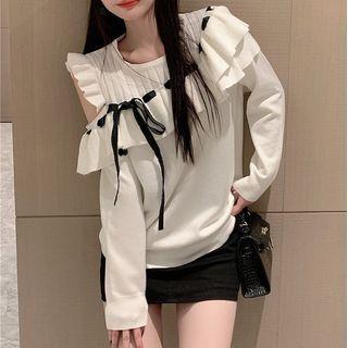 Cut-out Ruffle Bow Knit Top White - One Size
