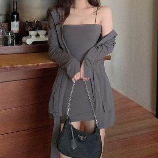 Spaghetti-strap Mini A-line Dress / Hooded Open-front Jacket