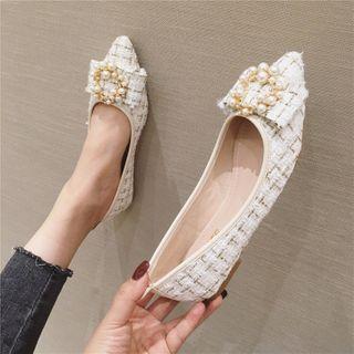 Tweed Faux Pearl Buckled Flats