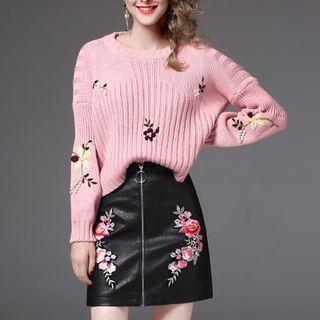 Set: Floral Embroidered Sweater + Floral Embroidered A-line Mini Skirt