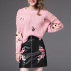 Set: Floral Embroidered Sweater + Floral Embroidered A-line Mini Skirt