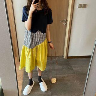 Short-sleeve Paneled Midi Dress Black & Yellow - One Size