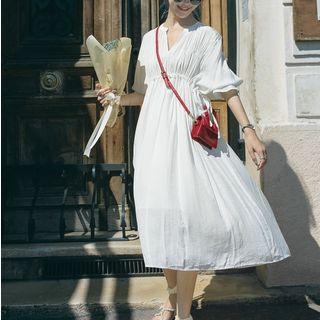 Drawstring-side Frill V-neck Dress
