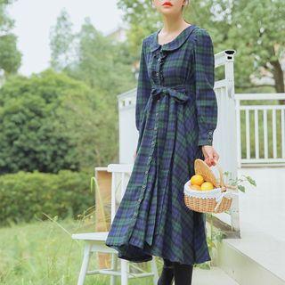 Collared Plaid Midi A-line Dress