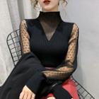 Long-sleeve Dotted Mesh Panel Mock-neck Knit Top