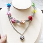Metal Heart Pendant Flower Layered Necklace Multicolour - One Size