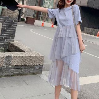 Short-sleeve Tiered Mesh Midi T-shirt Dress