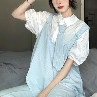 Puff-sleeve Shirt / Tie / Overall Dress / Set