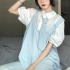 Puff-sleeve Shirt / Tie / Overall Dress / Set