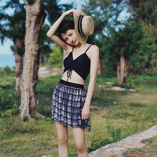 Set: Bikini Top + Bottom + Plaid Cover-up Skirt