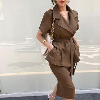 Summer Office Look Jacket With Sash & Pencil Skirt Set