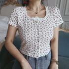 Floral Print Lace Trim Short-sleeve Knit Top