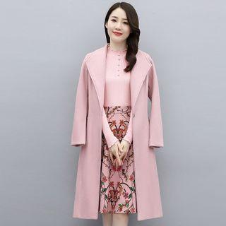 Set: One-button Coat + Long-sleeve Top + Floral Print Midi A-line Skirt