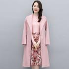 Set: One-button Coat + Long-sleeve Top + Floral Print Midi A-line Skirt