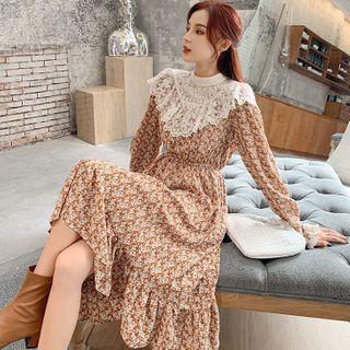Puff-sleeve Floral Print Lace Collar A-line Dress