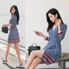 3/4-sleeve Patterned Wrap Dress Blue - One Size