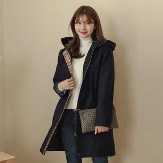Hooded Plaid-trim Wool Blend Coat