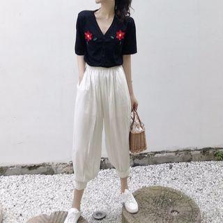 Set: Flower Embroidered Elbow-sleeve Top + Jogger Pants