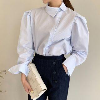 Lapel Pinstriped Single-breasted Puff Long-sleeve Shirt