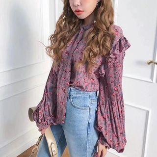 Floral Print Tie-neck Ruffle Blouse Floral - One Size