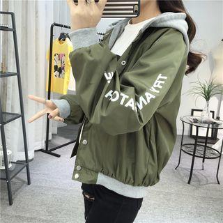 Hooded Print Button Baseball Jacket