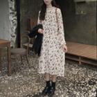 Flower Print Long-sleeve Chiffon Midi A-line Dress As Shown In Figure - One Size