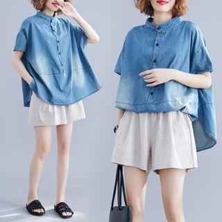 Washed Short-sleeve Denim Blouse