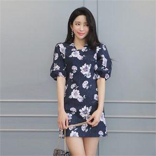 Puff-shoulder Elbow-sleeve Floral Mini Dress