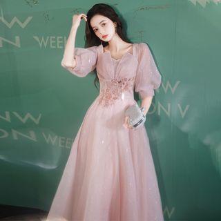 Puff-sleeve Beaded Glitter Sheath Evening Gown