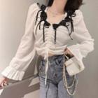 Bell-sleeve Ribbon Drawstring Blouse White - One Size