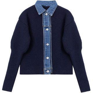 Denim Panel Cardigan Navy Blue - One Size