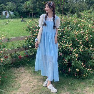 Elbow-sleeve Collared Blouse / Maxi A-line Overall Dress