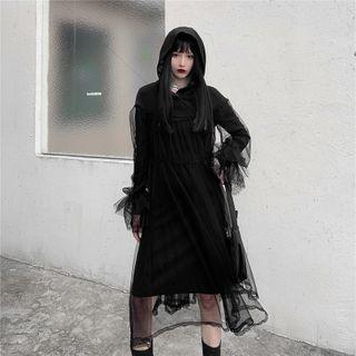 Flared-cuff Midi A-line Mesh Dress