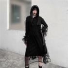 Flared-cuff Midi A-line Mesh Dress