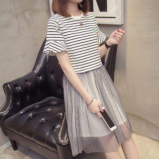 Set: Mock Two-piece Short-sleeve Mesh Dress + Slipdress
